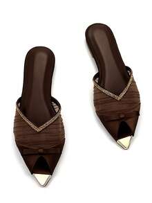 Women's Fashion Gold Metal Bow Decor Rhinestone Pleated Mesh Hollow Toe Chocolate Brown Satin Material Pointed Toe Comfortable Flat Mule Sandals, Suitable For Daily Wear And Party,Spring Summer Outfits - Chocolate Brown - View 1