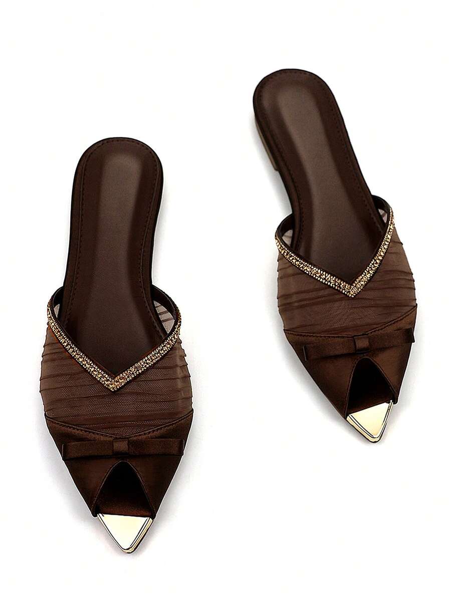 Women's Fashion Gold Metal Bow Decor Rhinestone Pleated Mesh Hollow Toe Chocolate Brown Satin Material Pointed Toe Comfortable Flat Mule Sandals, Suitable For Daily Wear And Party,Spring Summer Outfits - Chocolate Brown - View 1