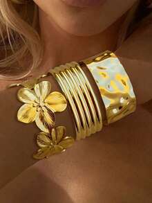 3pcs Set Vintage Style Exaggerated Minimalist Design Thick Circle Metal Bracelets, Elegant & Fashionable, Suitable For Holiday, Party, Date, Gift And Daily Wear - Yellow Gold - View 9