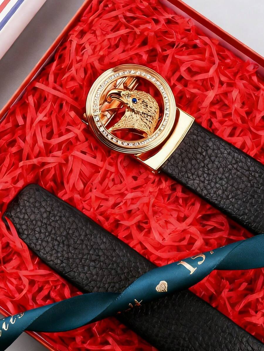 1条男士水钻老鹰扣自动皮带，经典压纹真皮皮带，用途广泛，适合商务、休闲、聚会、送礼等场合，长度120厘米 - 黑色 - 查看 1