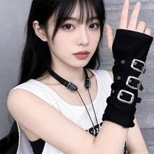 Millennial Hot Girl Arm Sleeves Women Black Half Fingerless Gloves Metal Dark Punk Cosplay Arm Sleeves - 黑色 - 查看 8
