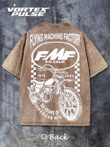 Distressed And Washed Men's Short-Sleeved T-Shirt Double-Sided Print Fmf Racing Motorcycle 50 Years American Mfg Vintage Logo Graphic Tee S To 3Xl Vintage Casual Loose Fit Comfortable And Versatile Menswear - 咖啡棕 - 查看 3