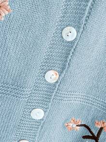 V-Neck Contrast Color Floral Embroidery Single-Breasted Casual Knit Vest, Spring/Summer - Light Wash Blue - View 5