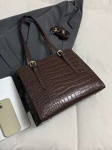 New Crocodile Embossed Handbag With Accessories - Brown - View 8