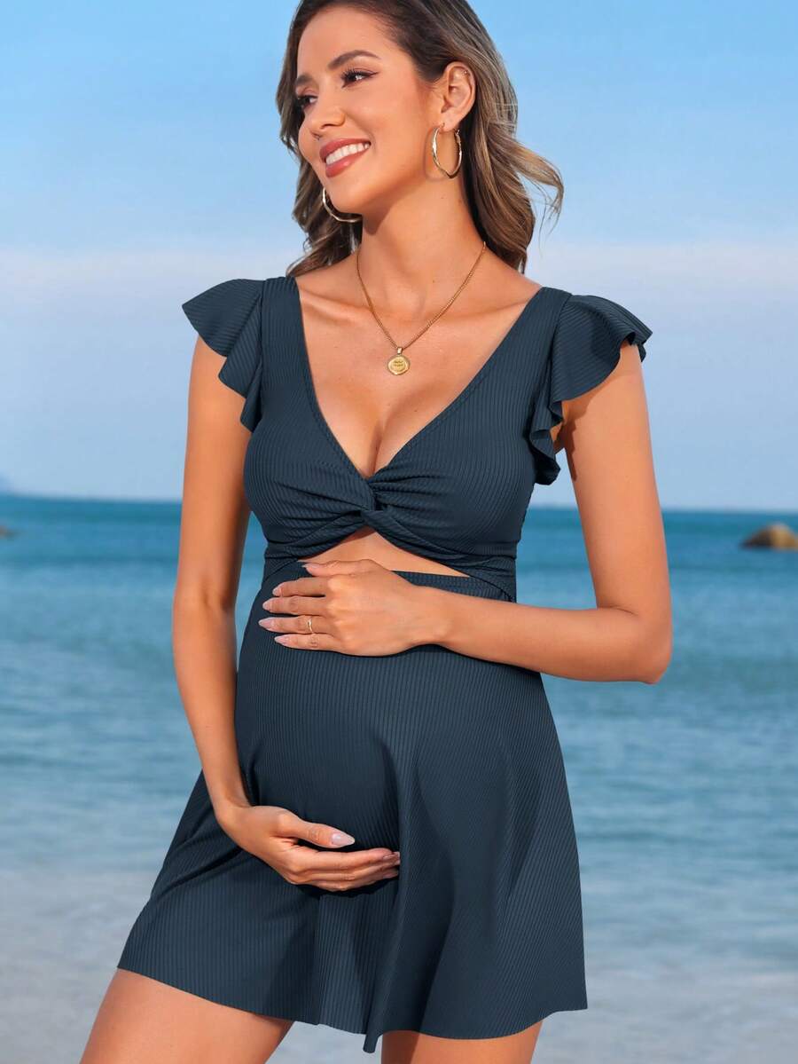 Maternity Solid Color Twist Design Flutter Sleeve One-Piece Swimsuit - Royal Blue - View 1