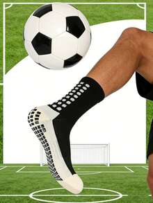 1 par de calcetines de fútbol gruesos para hombres, hasta la rodilla, antideslizantes, negros, para gimnasio, otoño - Negro - Ver 1