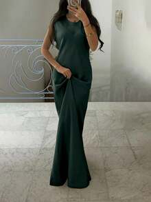 2pcs Set Elegant Abayas, Long Cardigan Jacket & Dress, Graceful Outfit - Dark Green - View 5