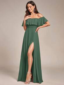 Elegant Off Shoulder Ruffle Hem High Slit Bridesmaid Dress - Olive Green - View 4