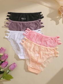 5pcs/Pack Women's Multicolor Lace Patchwork Hollow-Out Breathable Low-Waist Sexy Bikini Briefs - Multicolor - View 5