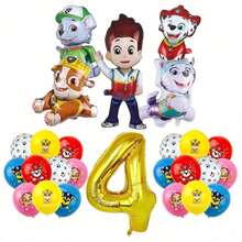 Paw Patrol 16件套官方授权汪汪队立大功卡通城市救援犬主题生日派对装饰气球套装，包含1个32英寸金色数字气球和12个彩色乳胶气球，非常适合生日派对墙面装饰、成长纪念派对墙面装饰背景、气球装饰套装 - 彩色 - 查看 8