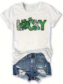 Unisex'S Lucky St. Patrick'S Day Graphic Tee, 100% Polyester Short Sleeve Crew Neck T-Shirt, Casual Spring/Summer Knit Pullovers With Applique Detail, H-Contour Regular Length Top - Black - View 2