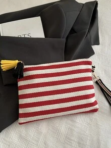 女士大容量流苏条纹手拿包 - 紅色 - 查看 5
