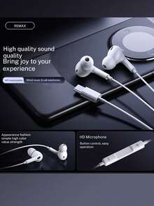 REMAX RM-575 有线耳机，符合人体工学设计，佩戴舒适，通话清晰，轻巧便携，享受无损音质，兼容苹果、华为、小米等设备，白色 - 白色 - 查看 2
