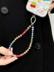 Summer Colorful Beaded Crystal Lanyard Strap, Fashionable Long Diagonal Phone Hanging Chain, Luxury Crystal Bead Phone Lanyard, Short Beaded Keychain Wristlet - Multicolor - View 5