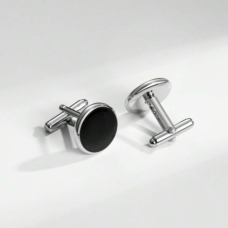 1 Pair Black Oil Drop Round Men's Cufflinks, Basic Suit Accessory, Daily Business Fashion Cufflink Set - Black - View 1