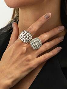 Irregular CCB Beaded Collar Necklace - Fashionable Metal Cross-Style Layered Long Necklace&Bracelet & Ring - Silver - View 6