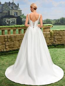 Elasola French Minimalist Satin Short Train Lightweight Outdoor Lawn Wedding Dress For Registry White Spring - White - View 3