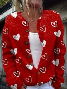 Valentine's Day Women's Sweater: Pink Heart Print Button Cardigan, Coquette Aesthetic Soft Knit For Cozy Gift, Christmas, Date Nights & Everyday Fall/Winter Layering. - 混合色1 - 查看 2