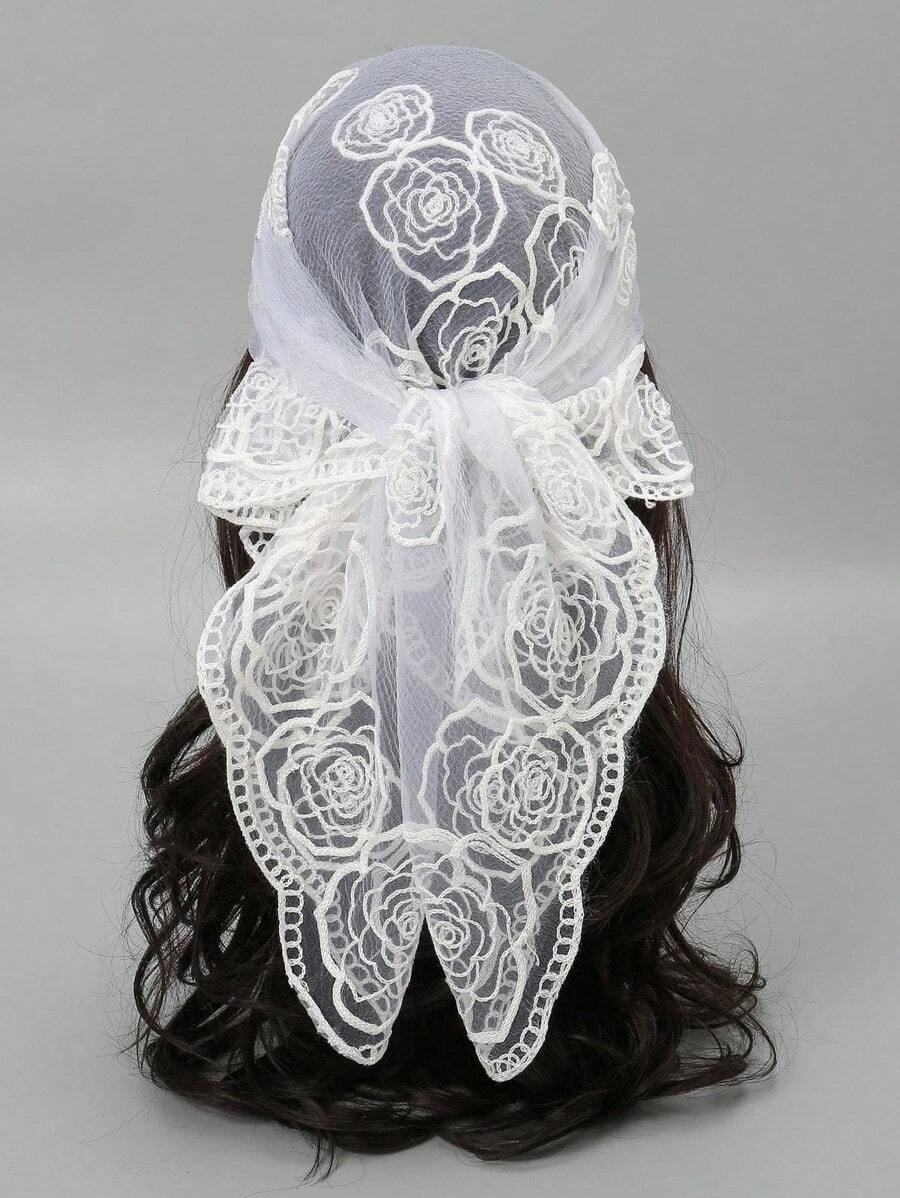 1pc Fashion Women's High-Quality Lightweight Floral Embroidered 80cm Bandana Scarf, Wedding Accessories, Scarf Women, Suitable Weddings, Parties, Gatherings, All Seasons - trắng - Xem 1
