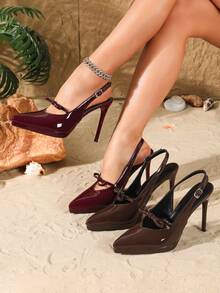 Tacones altos de punta fina de 10,5 cm para mujer, elegantes tacones de aguja con correa trasera, fáciles de poner, material de PU con efecto espejo, con acento de lazo, color marrón, cómodos y versátiles para uso diario, fiestas, vacaciones y citas - Marrón - Ver 4