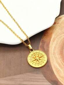 1 buah Kalung Liontin Kompas Logam Gaya Viking Nordik Berlapis Emas 18K, Modis dan Serbaguna, Baja Tahan Karat, Perhiasan Mewah untuk Pemakaian Sehari-hari Pria - Berwarna kuning keemasan dengan rantai sepanjang 50 cm. - View 2