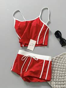 Set de costume de baie pentru femei, cu top scurt roșu, combinat cu pantaloni scurți de vară drăguți și un top de vară drăguț, costum de baie perfect pentru aeroport și vacanța la piscină de 4 iulie - roșu - Vizualizare 6