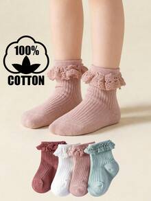 4 Pairs Cotton Baby Girls Lace Trim Colorful Striped Princess Mid-Calf Socks, Spring/Summer/Autumn - Multicolor - View 11