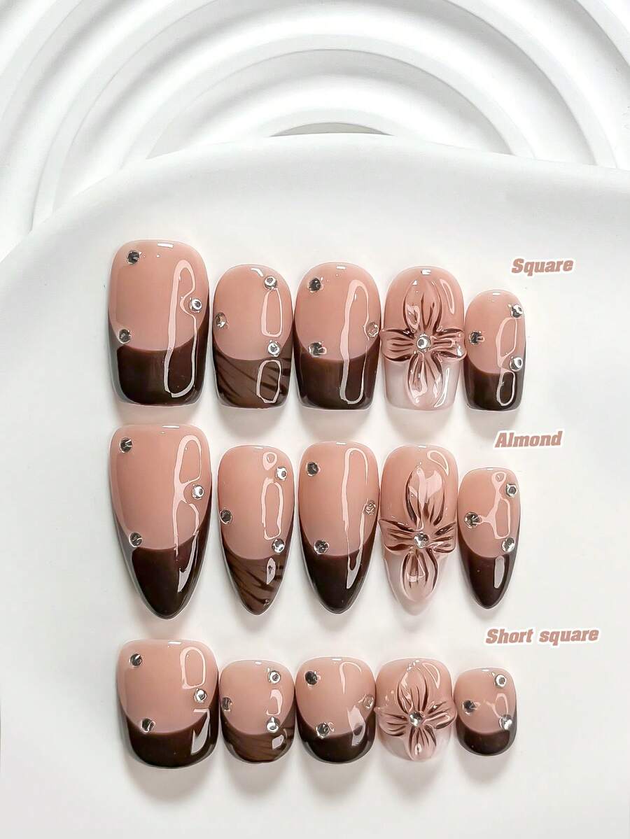 10pcs/Set Romantic Valentine's Day Handmade Nail Art Kit, Includes White Flower & Bow Decor, White & Red Gel Nails, French Polka Dot Stickers, Heart Painting, Silver Beads Embedded, 3 Sizes Available: Almond, Square, Coffin Shape, With Tool Set, Suitable For Sweet Ladies & Girls, Valentine's Day, Party, Daily Wear Handmade Press On Nails - 彩色 - 查看 1