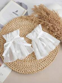 1 双女士碎花薄纱多层褶皱白色宽缎面蝴蝶结装饰袖口，柔美花卉风格，适合日常、上学、休闲穿着 - 彩色 - 查看 1