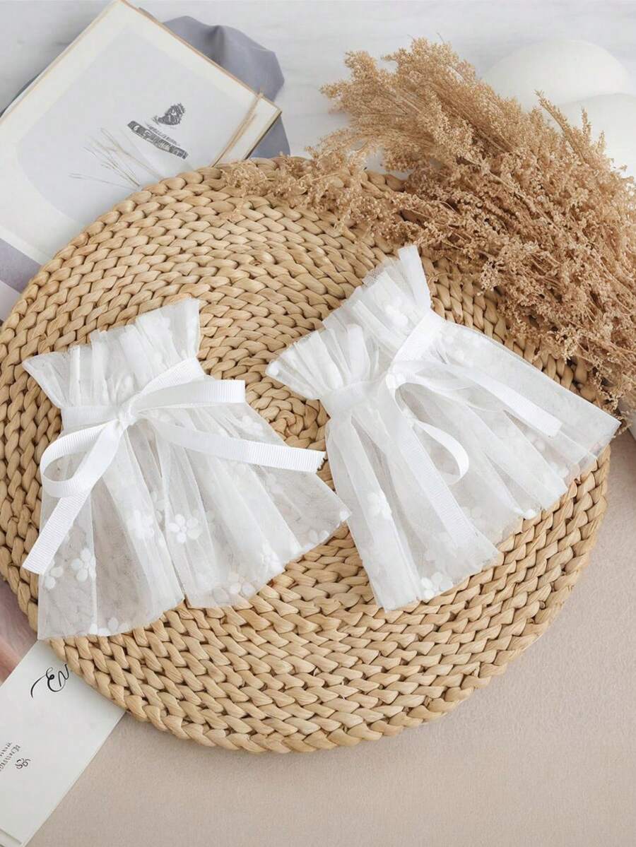 1 双女士碎花薄纱多层褶皱白色宽缎面蝴蝶结装饰袖口，柔美花卉风格，适合日常、上学、休闲穿着 - 彩色 - 查看 1