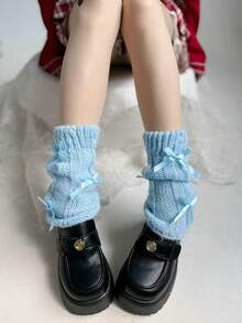 1 Pair Women's Autumn/Winter Fuzzy Knit Bow Leg Warmers, Versatile Lolita Style Leg Warmers - Blue - View 4