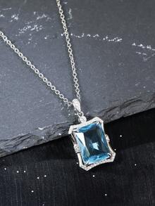 1pc Sky Blue Center Stone Necklace, 925 Silver, Unisex, Luxury & Fashion, Jewelry Gift For Family, Friends, Mother's Day - Baby Blue - View 3