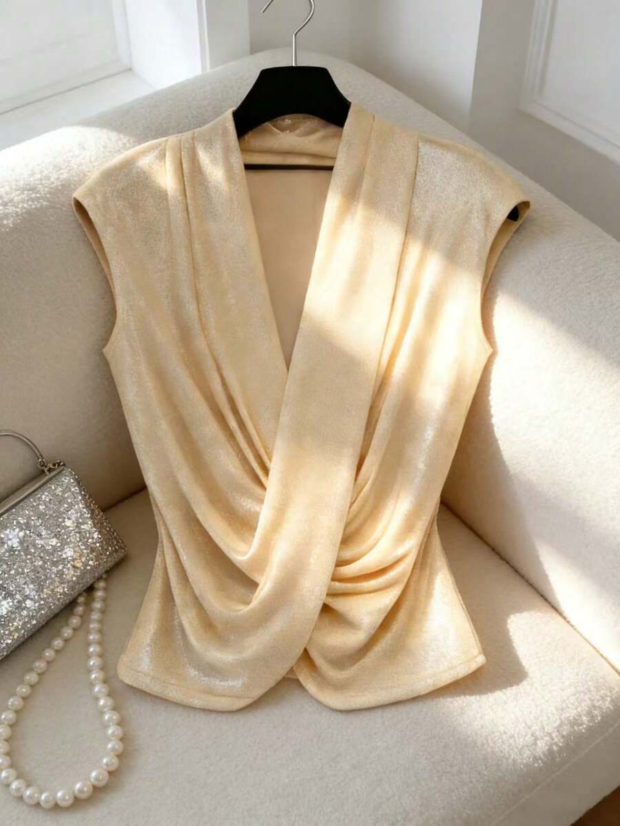 Shiny Pleated V-Neck Cinched Waist Women's Gold Top, Elegant New Year's Eve Gold Outfit, Spring/Summer - Gold - View 1