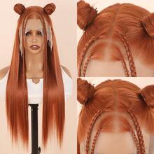 Orange Hair Glueless 13x6 HD Lace Synthetic Lace Front Wig 28 Inches Ginger Orange Baby Pink Long Straight Wigs For Women Hand Tied Pre Plucked Hairline - 亮橙色 - 查看 1