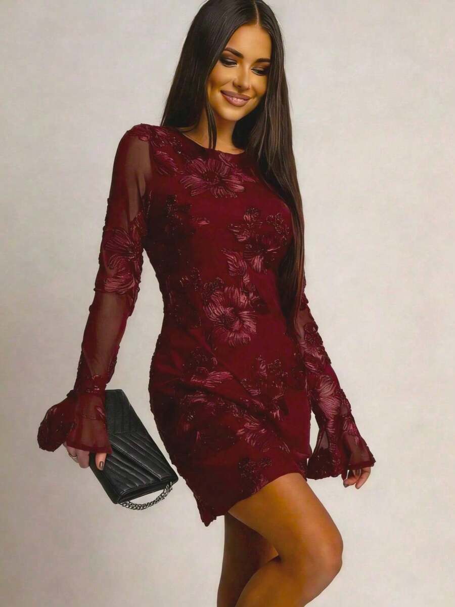 Rochie elegantă de petrecere pentru femei, cu imprimeu floral și mâneci tip trompetă cu imprimeu floral 3D, vară - Burgundia - Vizualizare 1
