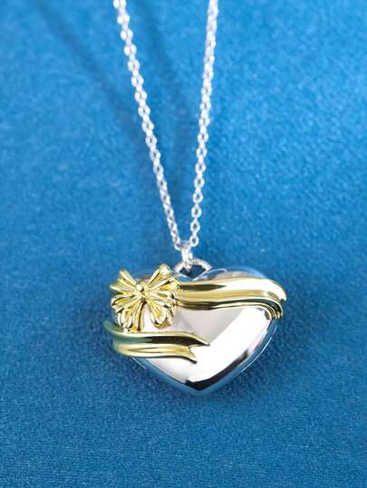 1pc S925 Silver Heart Ribbon Bow Pendant Necklace, Silver Heart-Shaped Main Body With Gold-Plated Ribbon + Bow Decor, Romantic & Elegant Design, Suitable For Daily Wear, Dates Or Anniversaries, Also Makes A Great Valentine's Day Gift