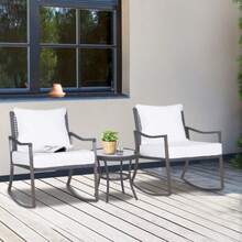 Garden Furniture Set For 2 People, Rocking Chair Set, Garden Lounge Set With Cushions, Rattan, Brown And White