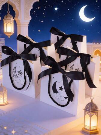 5pcs Minimalist White Star Moon Big Bow Mini Tote Bags In Stock Refreshing Black & White Handbag Shopping Bag
