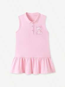 小女孩无袖polo衫连衣裙，兔子刺绣，棉质荷叶边下摆，A字裙 - 粉色 - 查看 3