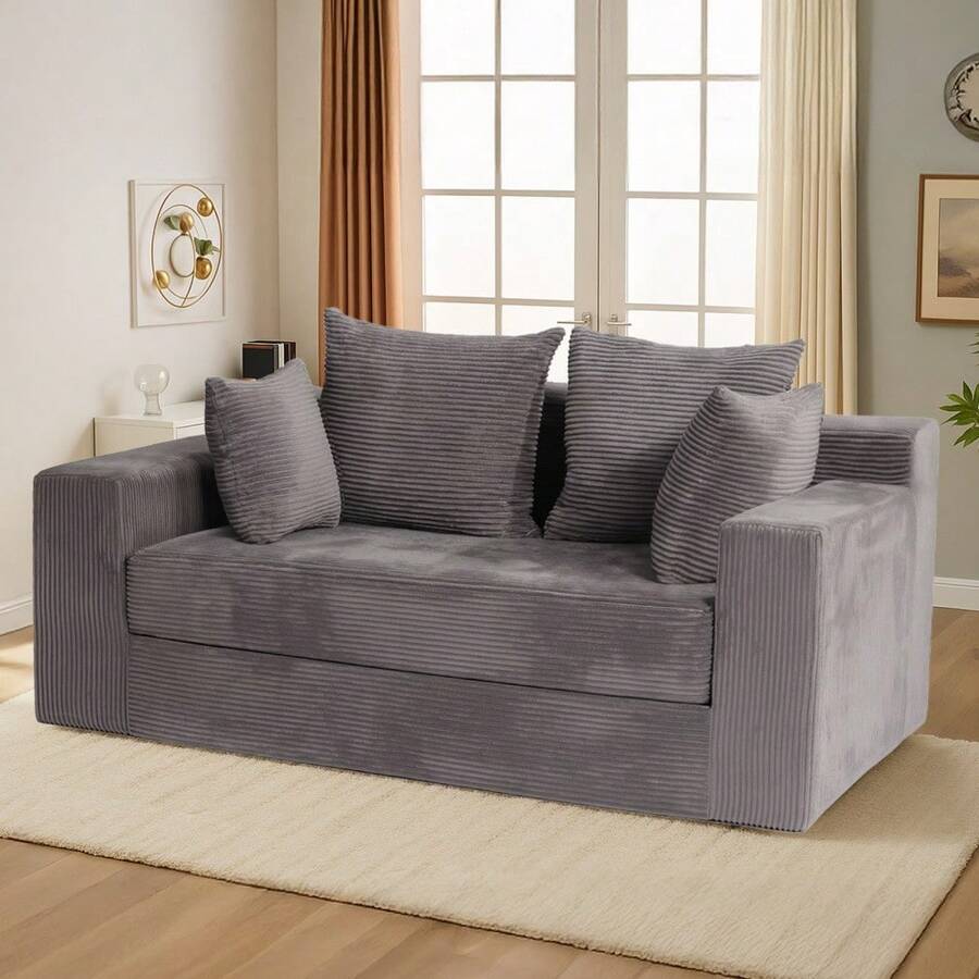 Convertible Sofa Bed, Loveseat Folding Floor Futon Sleeper Sofa Couch Bed- Full Size Boneless Foldable Couch, Corduroy Pull Out Sofa Bed With 2 Pillows For Living Room & Bedroom - 灰色 - 查看 1