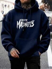 男士休闲时尚街头极限运动卡通印花袋鼠口袋抽绳宽松连帽卫衣，秋冬款 - 藏蓝色 - 查看 2