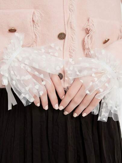 1 Pair Women's Multilayer Ruched Mesh Heart Print Satin Ribbon Bow Decorative Sleeve Cuffs, Sweet & Girly For Daily Wear And Party, All Season