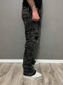 Men's Skinny Fit Distressed Stretch Jeans, Flared Leg Frayed Hem Jeans, Cotton Fabric Side Pockets, Casual Versatile