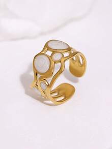 1枚时尚独特复古法式优雅镀层不锈钢几何椭圆开口戒指，适合女士日常、派对和约会佩戴。 - 開口戒 - 查看 3