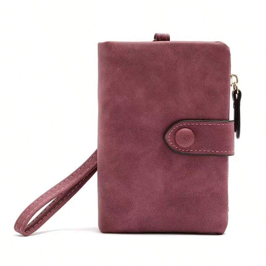 2026 New Women Wallet, Matte Texture Multi-Card Slots Snap Button Coin Purse, Multifunctional Fashion Zipper Short Wallet - Red Violet - View 1