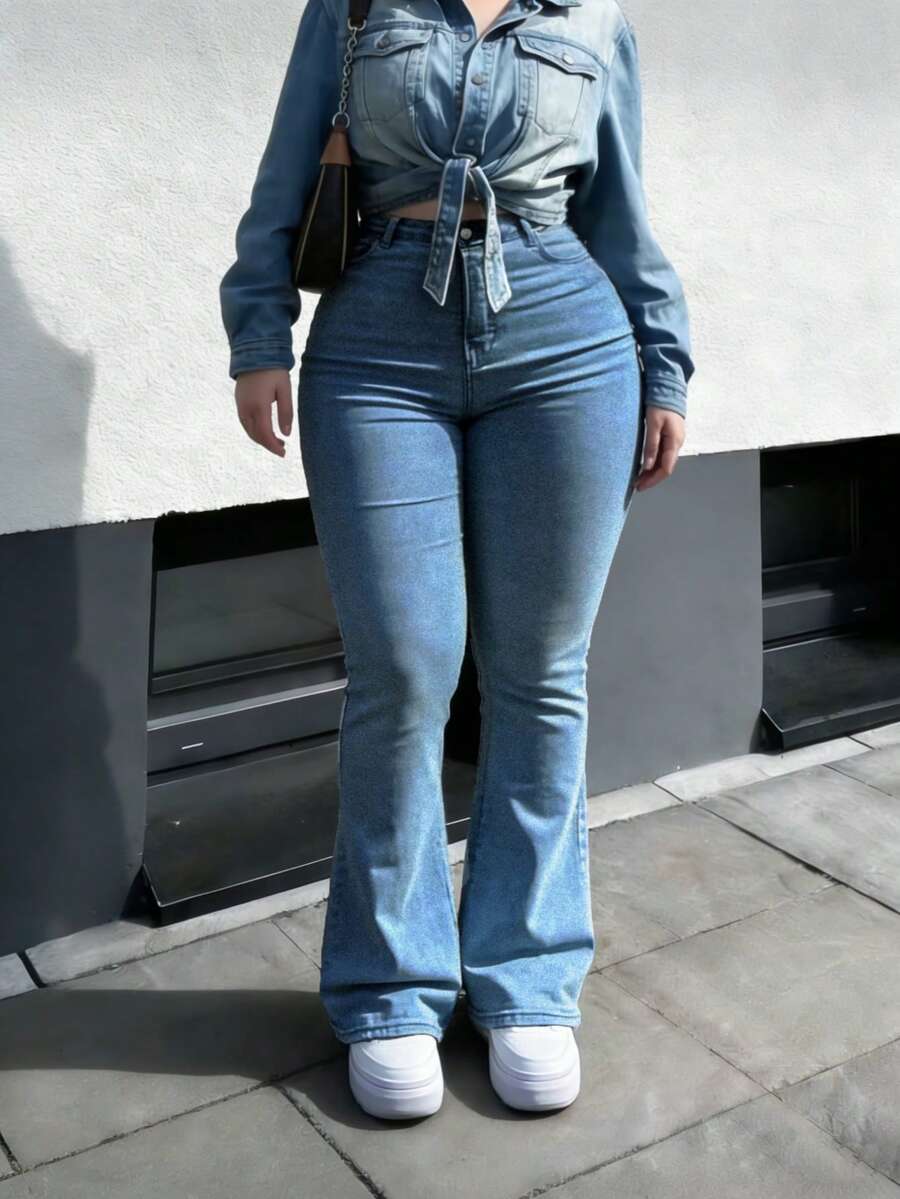 Jeans acampanados de talla grande, elegantes y de moda, ropa de otoño para mujer, jeans de talla grande, jeans de mujer de talla grande, jeans para curvas, jeans de mujer, jeans negros, jeans holgados, pantalones, pantalones cargo, jeans de talla grande, Año Nuevo, estilo campestre casual
