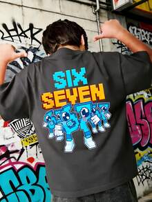 Áo thun in hình "Italian Brain Rot Funny Number 67" dành cho bé trai, chất liệu mềm mại và thoải mái, kiểu dáng thời trang mùa hè cho bé trai. - Màu xám đen - Xem 1