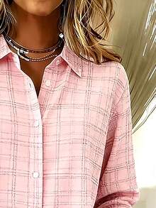 Casual Fashion Plaid Print Women's Plus Size Lightweight Long Sleeve Button-Up Shirt Pink - Pink - View 6