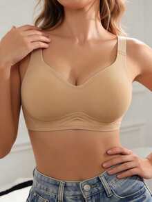 1pc Casual Comfortable Women's Bra, Khaki Solid Color Seamless Wireless Bralette, Soft & Comfortable - Khaki - View 3