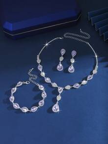1 Set Copper Material Sparkling Crystal + Inlaid Teardrop Gemstone Necklace Set (Necklace + Earrings + Bracelet), Suitable For Weddings, Gatherings, Formal Parties, Outfits - 1662796 Purple Jewelry Set - View 5